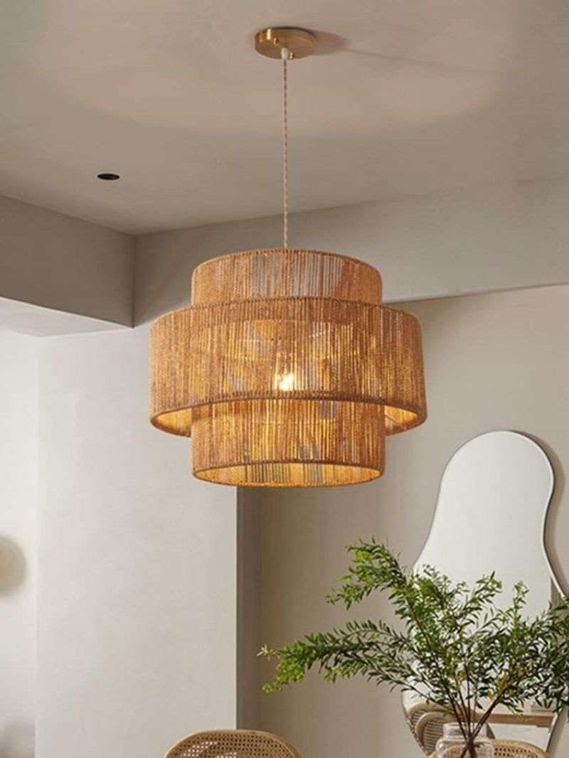 Rustic Japanese Wabi-Sabi Style Hemp Rope Rattan Drum Shape Zen Pendant Light | Esilora