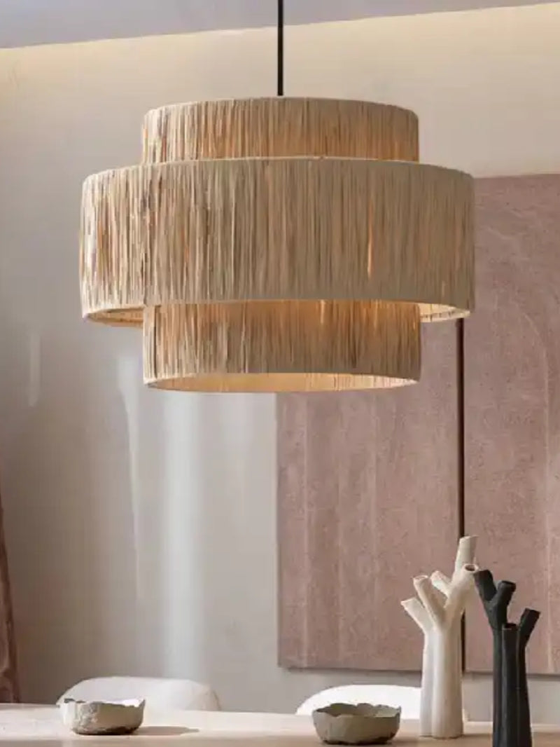 Rustic Japanese Wabi-Sabi Style Hemp Rope Rattan Drum Shape Zen Pendant Light | Esilora