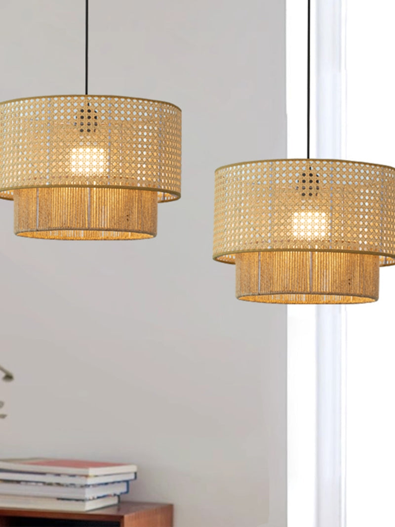 Rustic Japanese Wabi-Sabi Style Hemp Rope Rattan Drum Shape Zen Pendant Light | Esilora