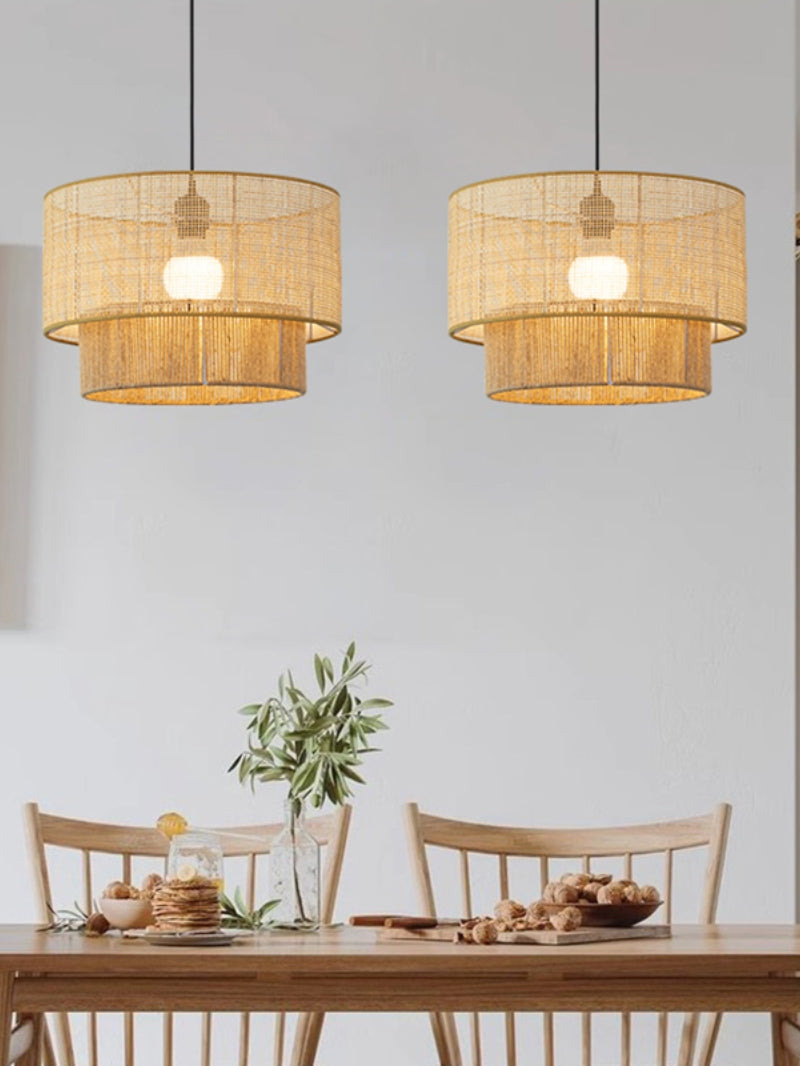 Rustic Japanese Wabi-Sabi Style Hemp Rope Rattan Drum Shape Zen Pendant Light | Esilora