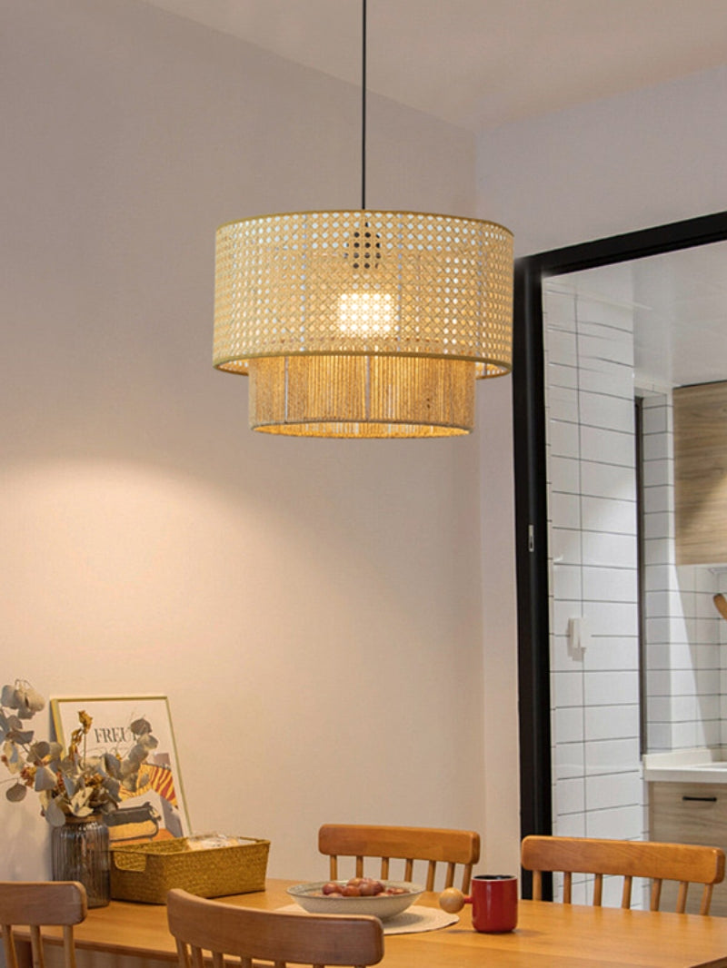 Rustic Japanese Wabi-Sabi Style Hemp Rope Rattan Drum Shape Zen Pendant Light | Esilora
