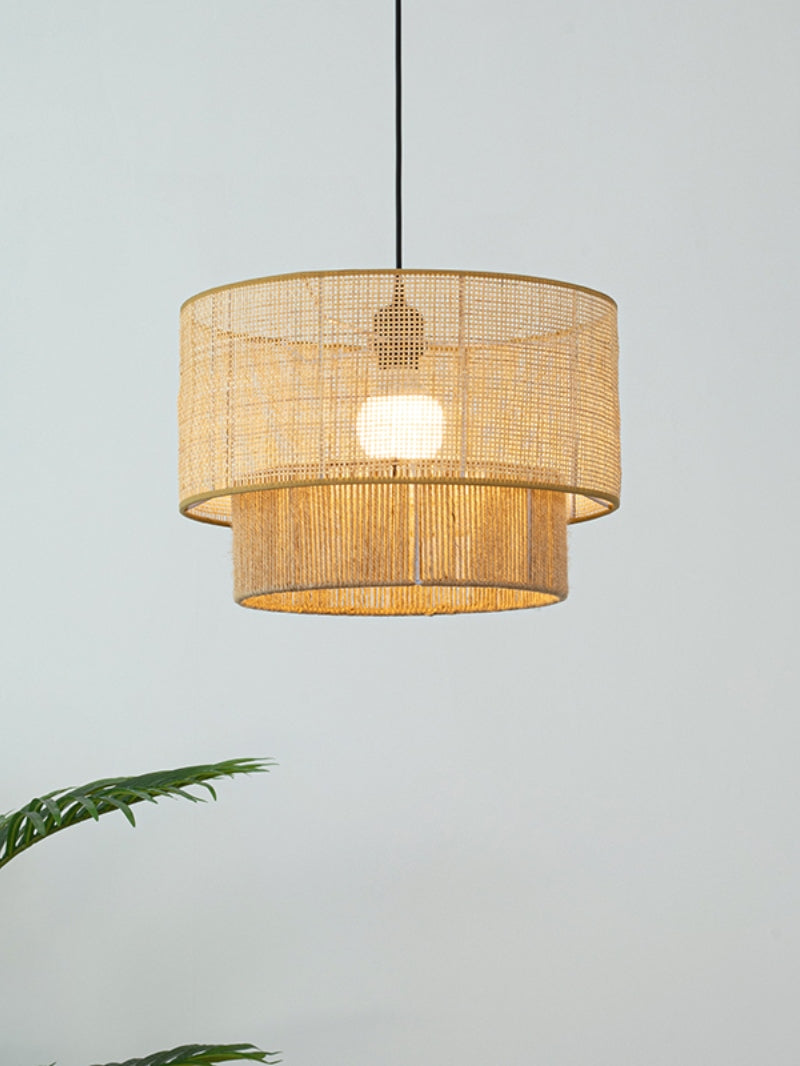 Rustic Japanese Wabi-Sabi Style Hemp Rope Rattan Drum Shape Zen Pendant Light | Esilora