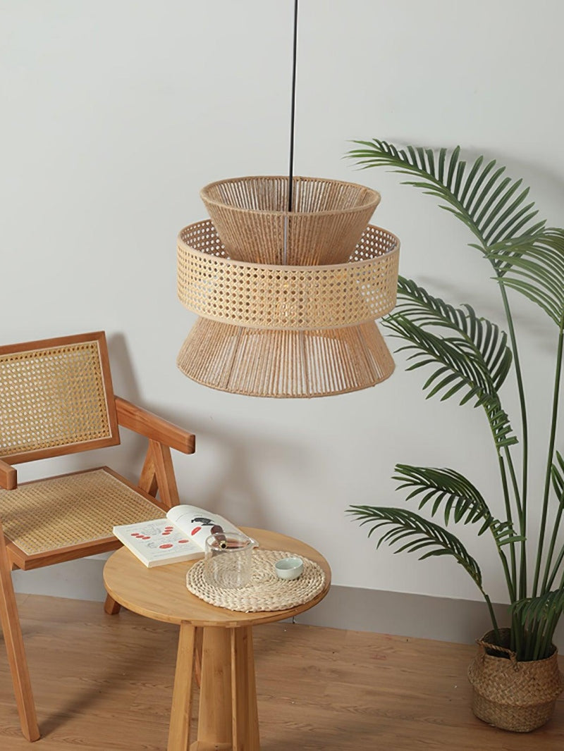 Rustic Japanese Wabi-Sabi Style Hemp Rope Rattan Drum Shape Zen Pendant Light | Esilora