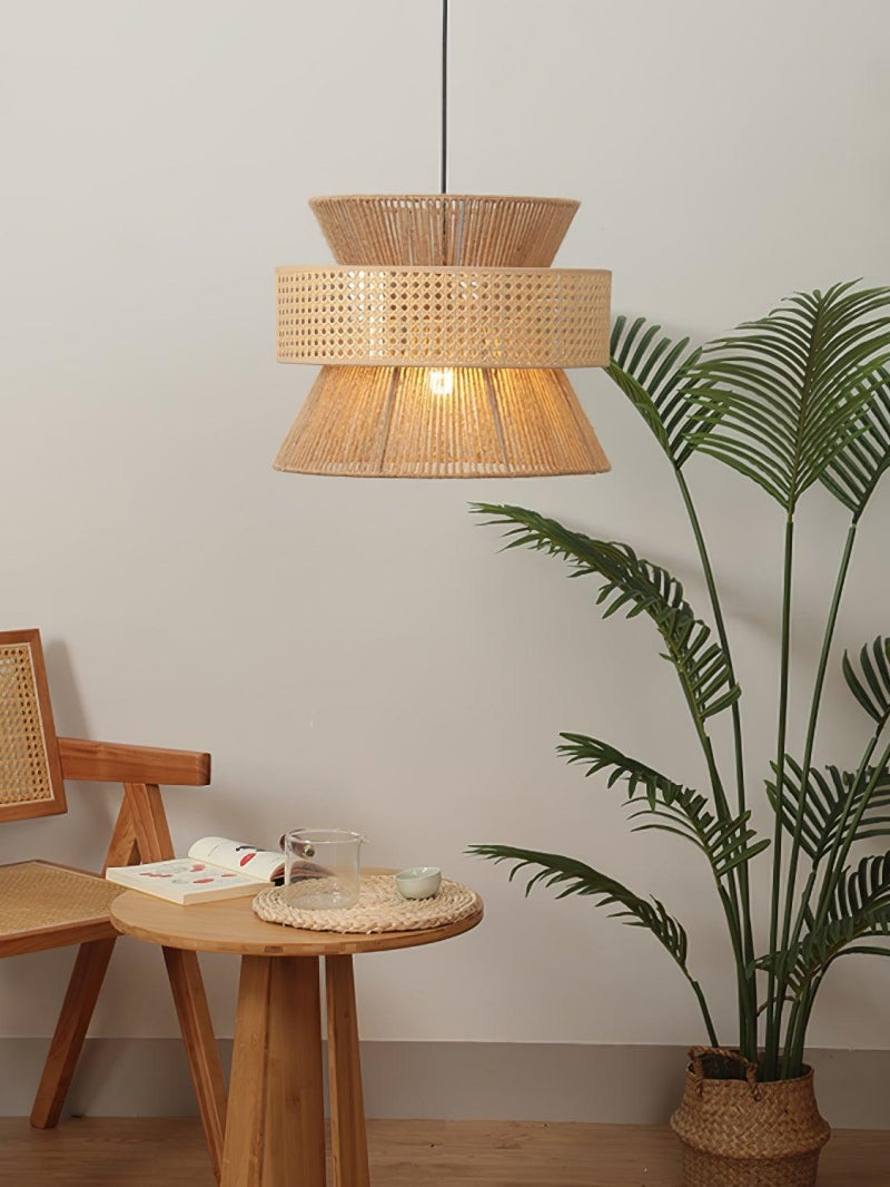 Rustic Japanese Wabi-Sabi Style Hemp Rope Rattan Drum Shape Zen Pendant Light | Esilora