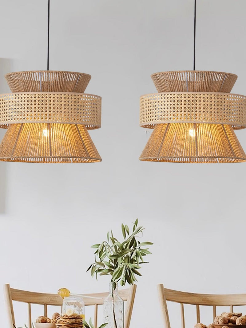 Rustic Japanese Wabi-Sabi Style Hemp Rope Rattan Drum Shape Zen Pendant Light | Esilora