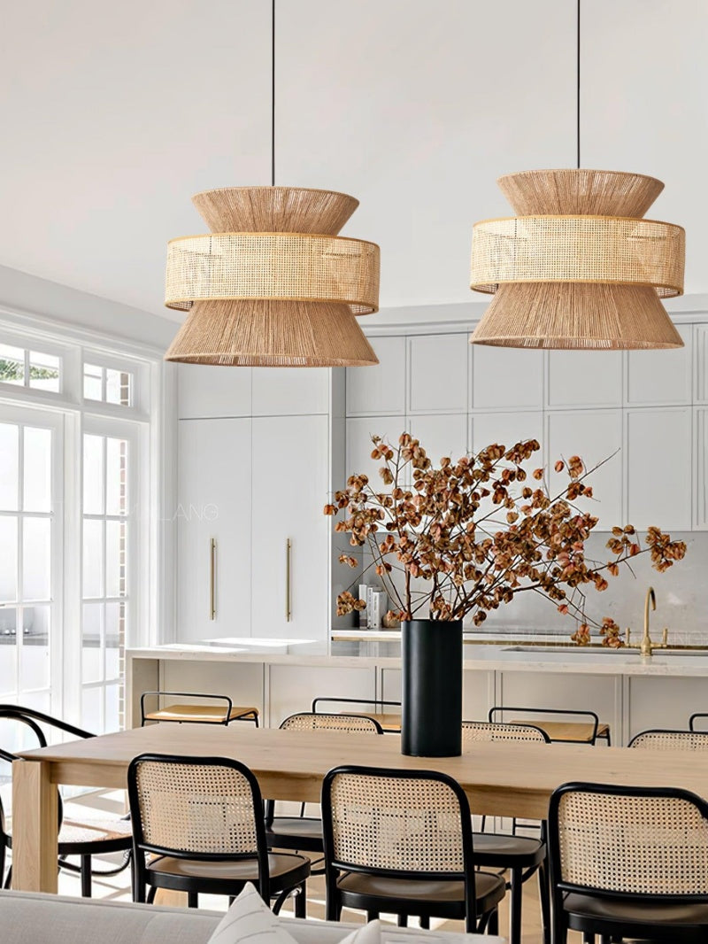 Rustic Japanese Wabi-Sabi Style Hemp Rope Rattan Drum Shape Zen Pendant Light | Esilora