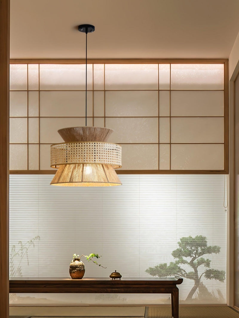 Rustic Japanese Wabi-Sabi Style Hemp Rope Rattan Drum Shape Zen Pendant Light | Esilora