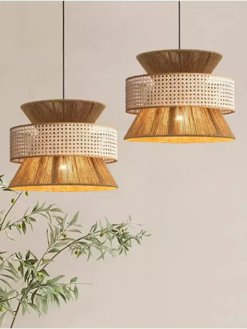 Rustic Japanese Wabi-Sabi Style Hemp Rope Rattan Drum Shape Zen Pendant Light | Esilora