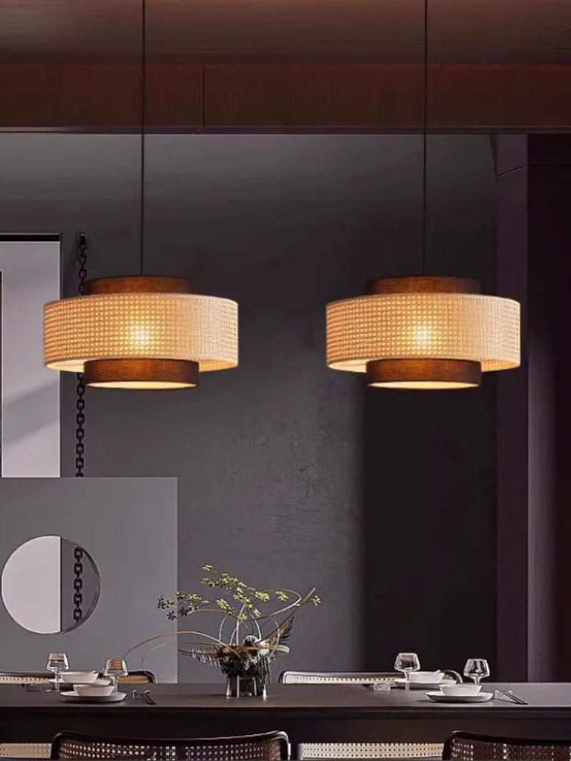 Rustic Japanese Wabi-Sabi Style Hemp Rope Rattan Drum Shape Zen Pendant Light | Esilora