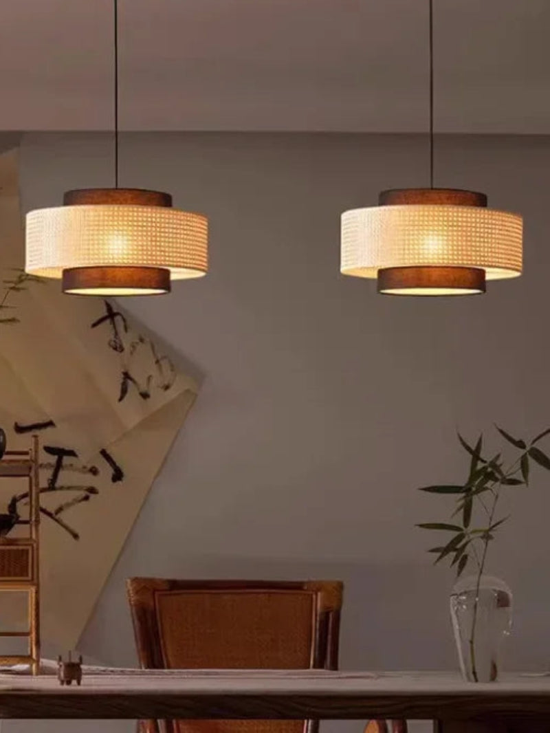 Rustic Japanese Wabi-Sabi Style Hemp Rope Rattan Drum Shape Zen Pendant Light | Esilora