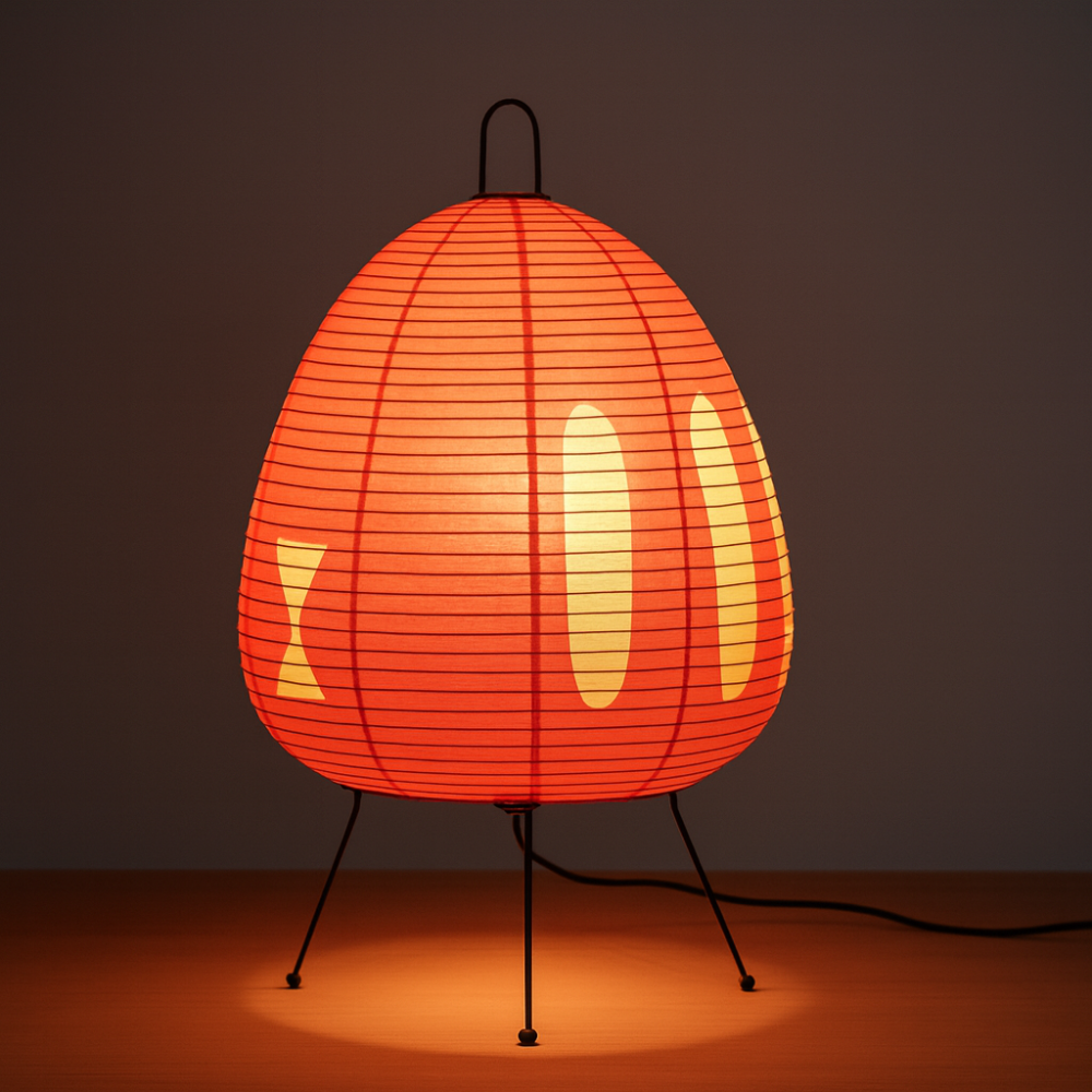 Lampă de masă japoneză din hârtie de orez - lumină caldă modernă, cadru din fier