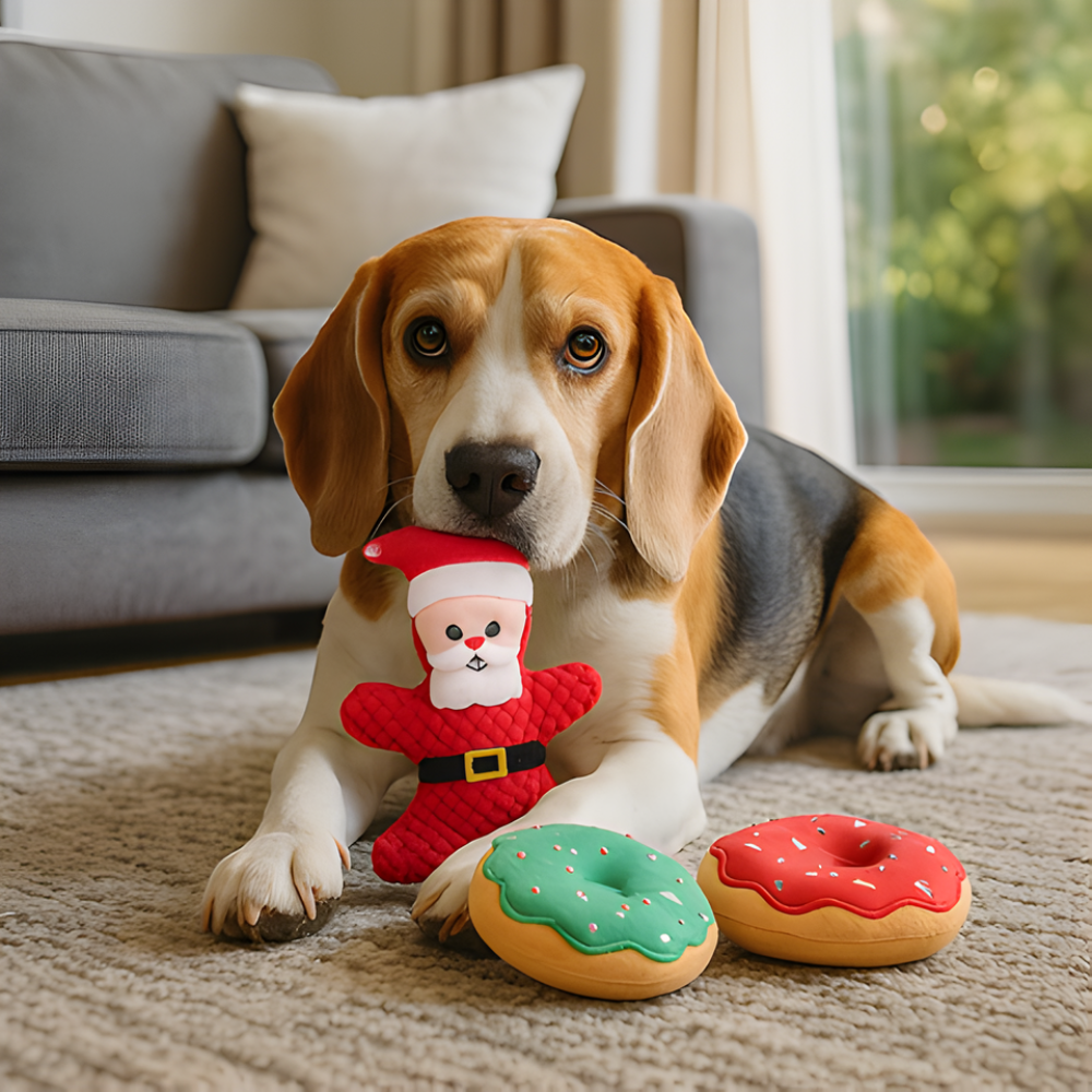 Pachet de 5 jucării de sărbători JinglePaws pentru ros și alint - Cu chițăitoare