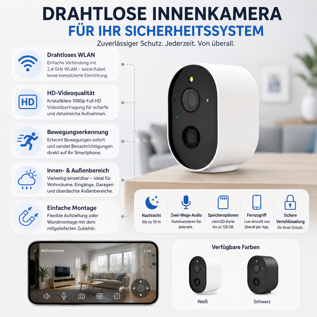 Trådløst WiFi-indendørskamera med IP — live-sikkerhedsovervågning