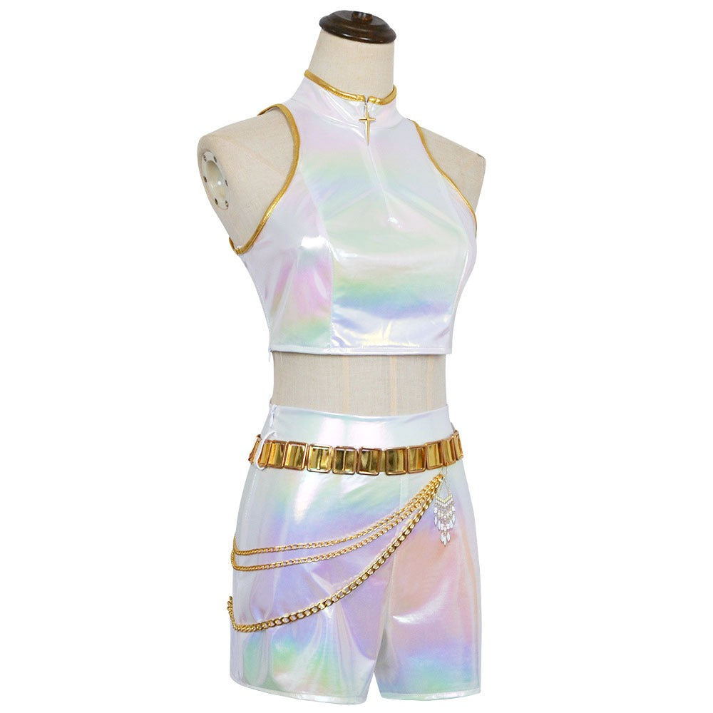 Costum alb de dans pentru copii — Set din două piese din piele PU lucioasă