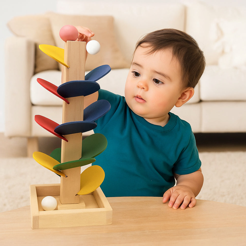 Turn din lemn pentru pistă de bile Montessori - platformă cu pistă înaltă de 30cm