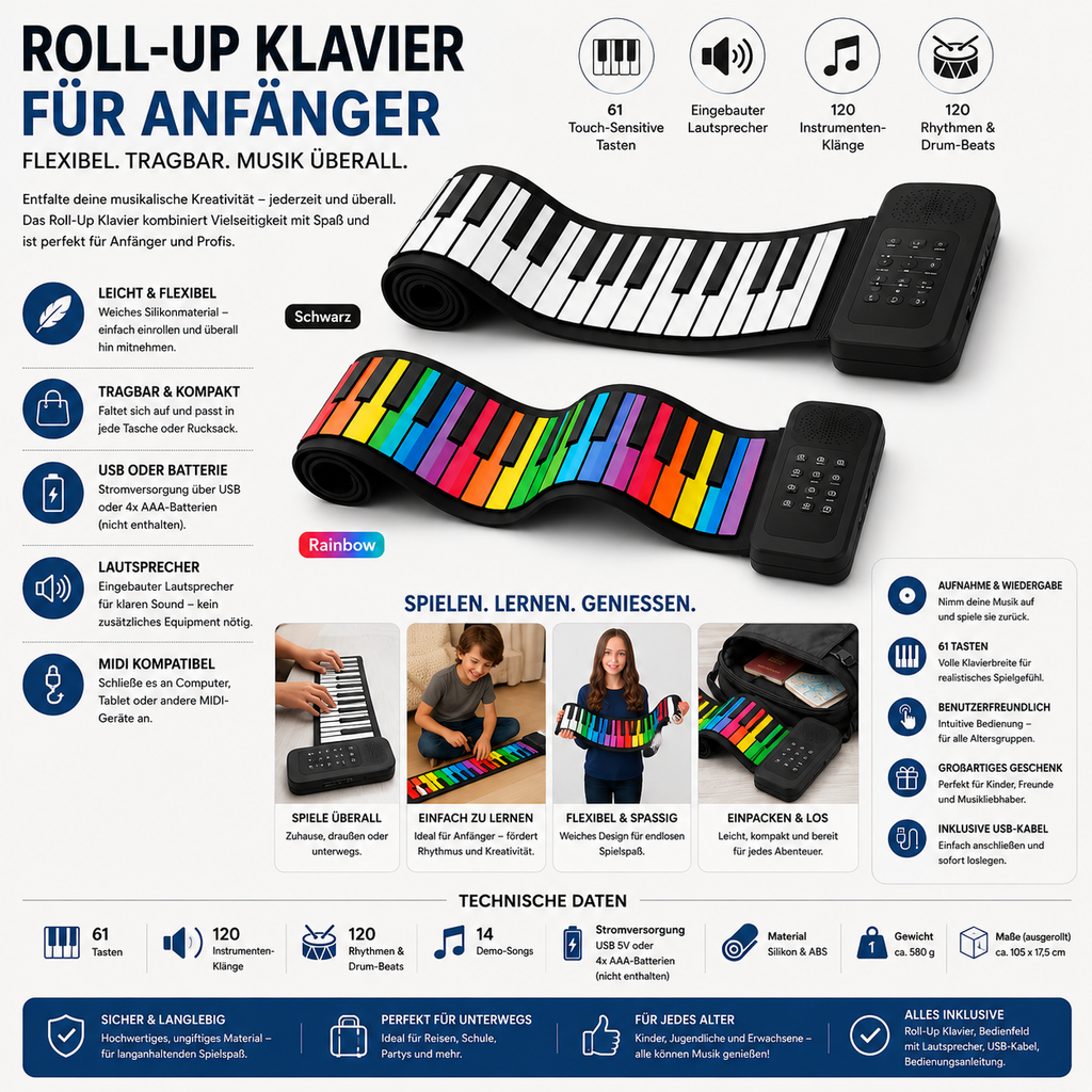 Piano souple enroulable pour débutants - 61 touches, haut-parleur intégré