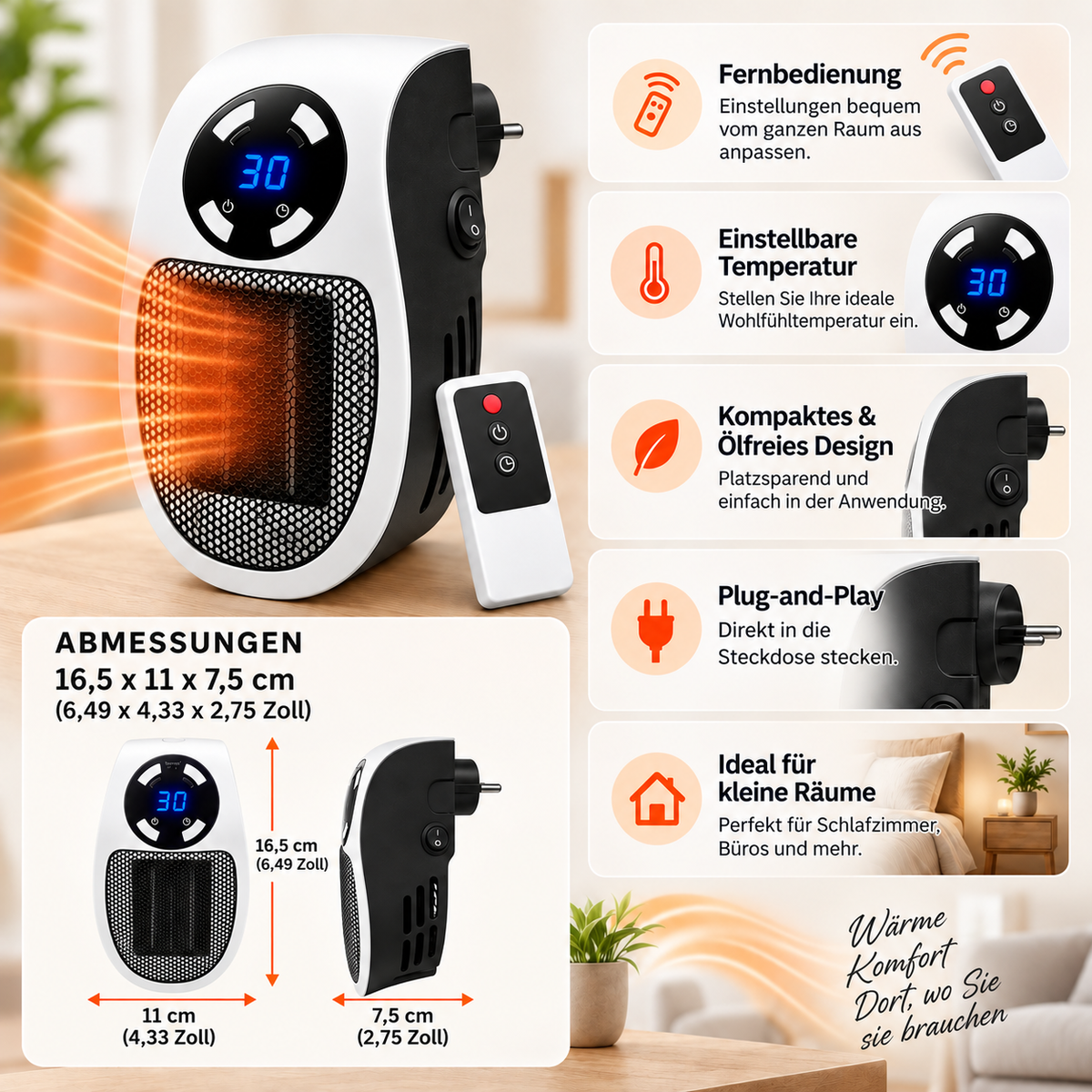 Portable Electric Space Heater — Compact Fan Heater, Remote Control