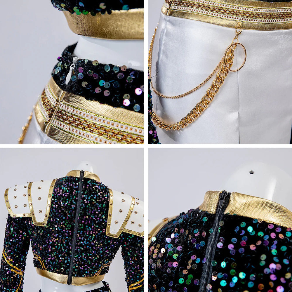 Schwarz-goldenes Glitzer-Tanzkostüm für Mädchen — 2-teiliges Set