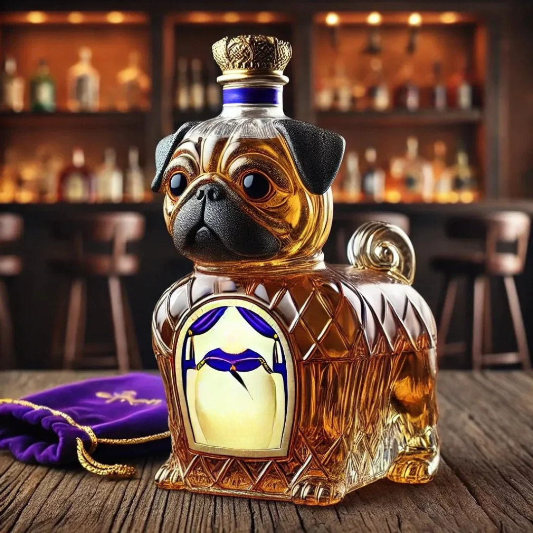 Decantor pentru whisky din sticlă de cristal, cu câine sculptat