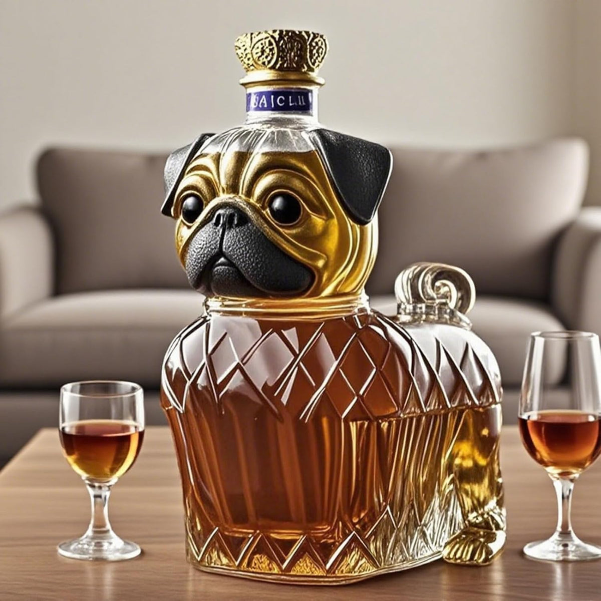 Decantor pentru whisky din sticlă de cristal, cu câine sculptat