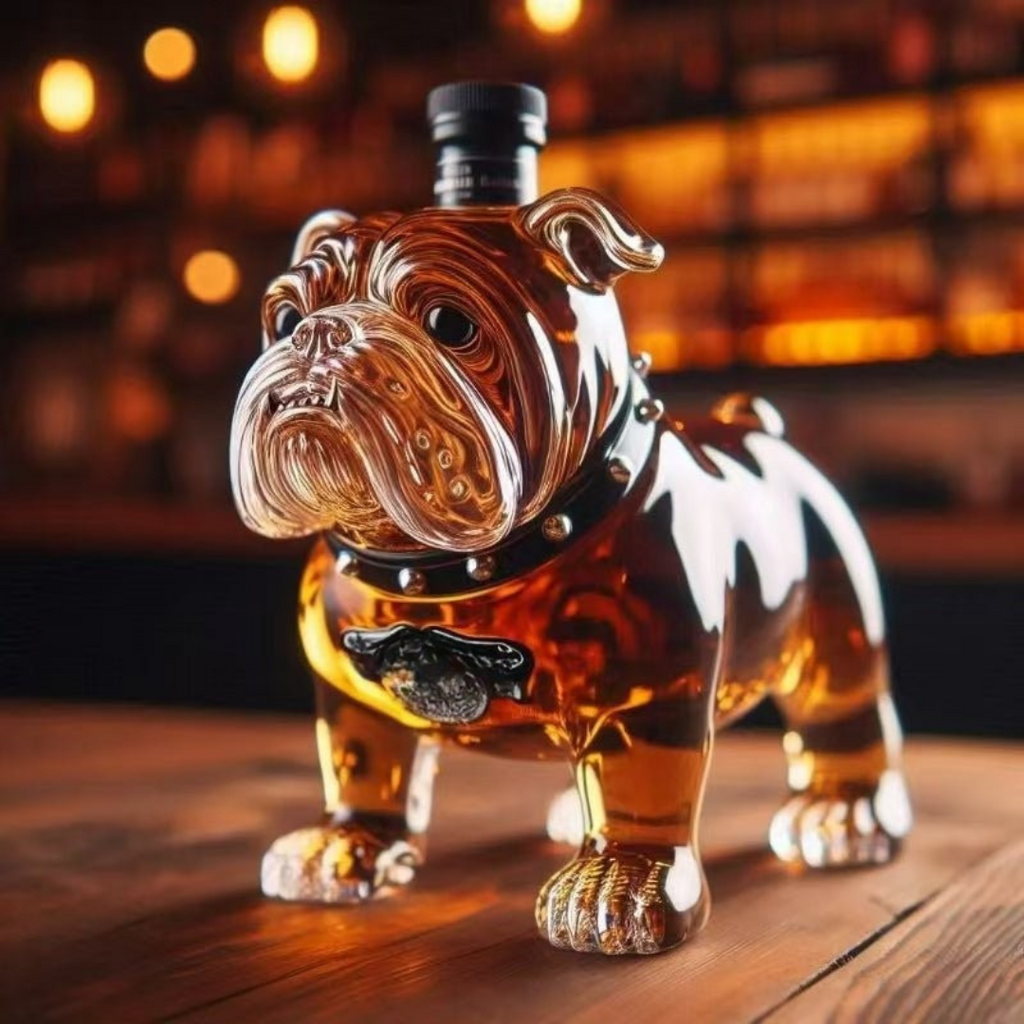 Decantor pentru whisky din sticlă de cristal, cu câine sculptat