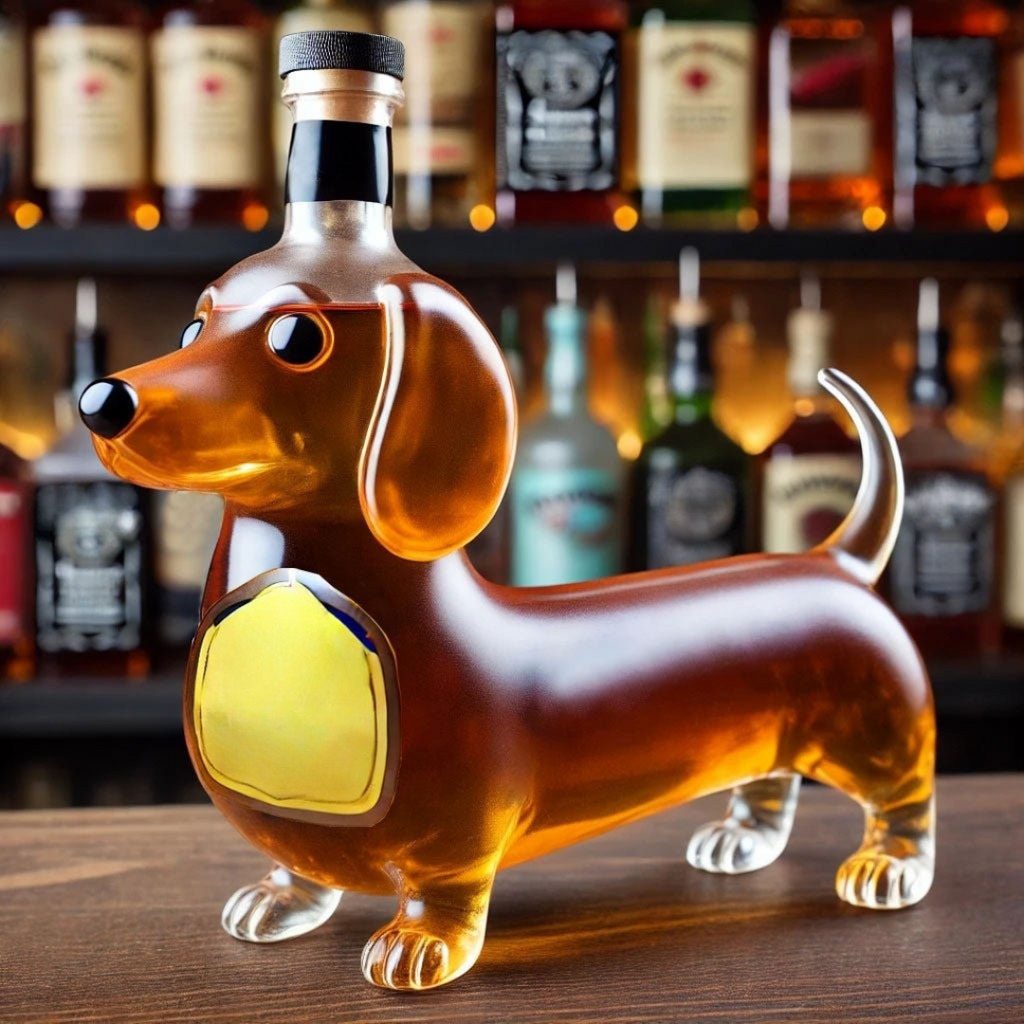 Decantor pentru whisky din sticlă de cristal, cu câine sculptat