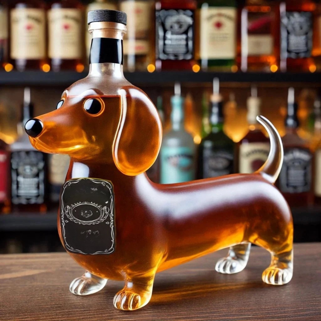 Decantor pentru whisky din sticlă de cristal, cu câine sculptat
