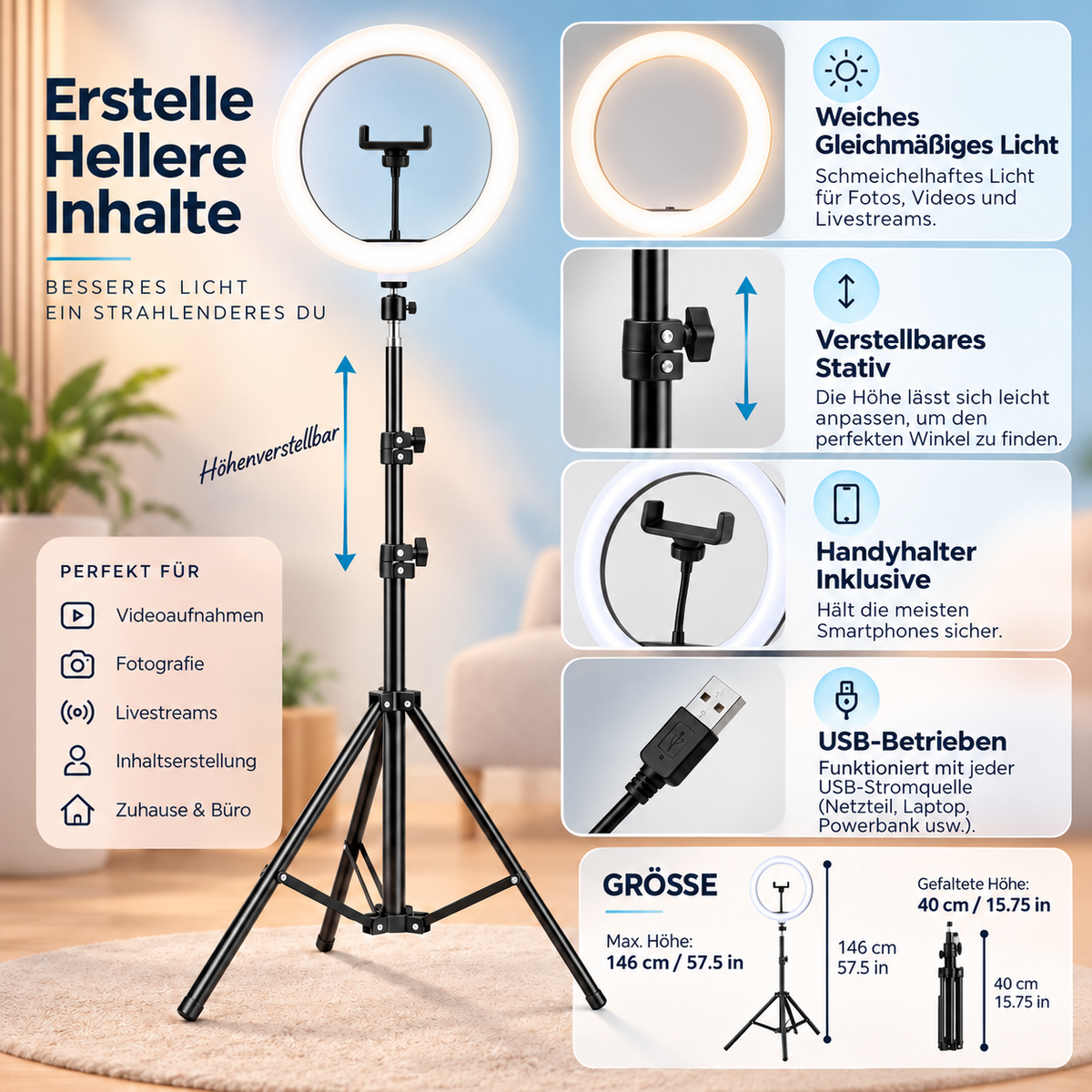 Anneau lumineux LED pour la photographie - Trépied réglable en hauteur