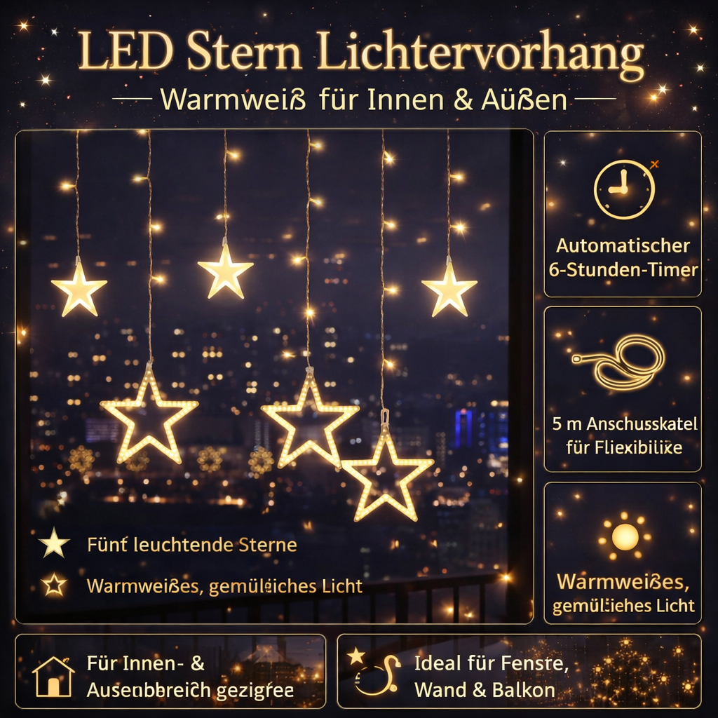 LED Warm White Star Light Curtain — Decorative String Kit, Multi-Shape Design, Extension Cord