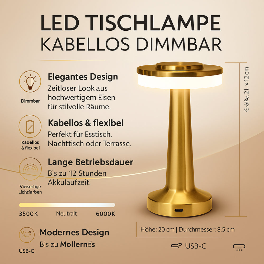 Cordless Dimmable LED Table Lamp — Wireless, Rechargeable
