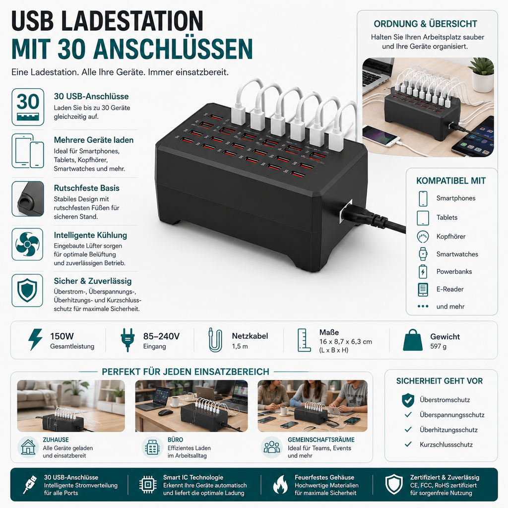 30-Port USB Charging Station — Charge Multiple Devices Together