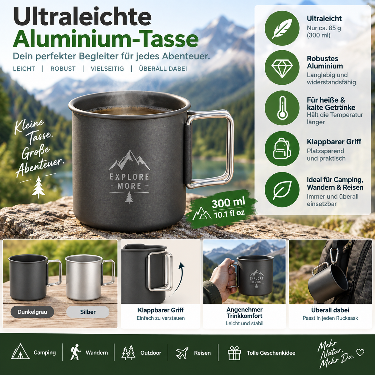 Taza de camping ligera de aluminio de 300 ml — vaso de viaje duradero