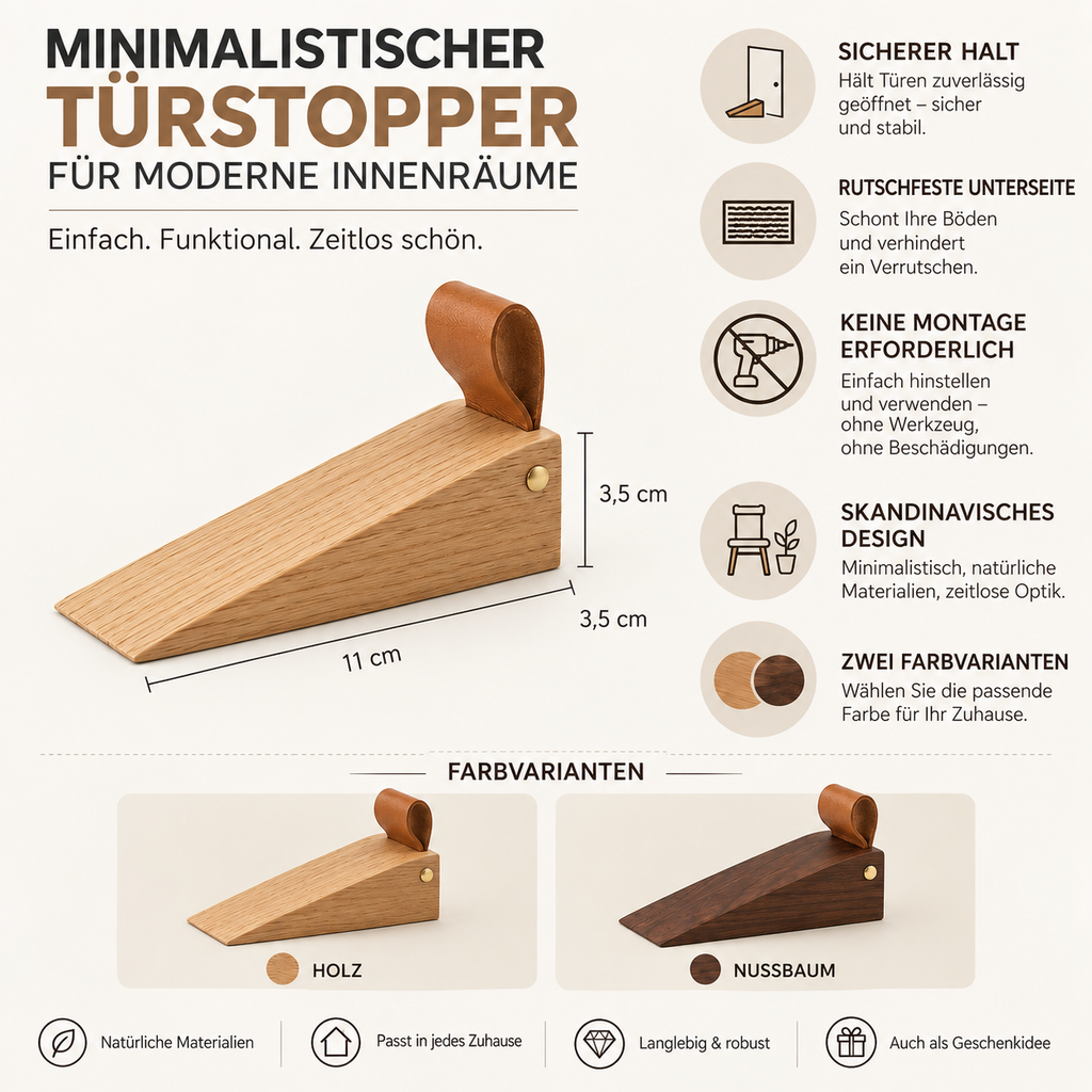 Butoir de porte minimaliste en bois - Adhérence antidérapante pour carrelage