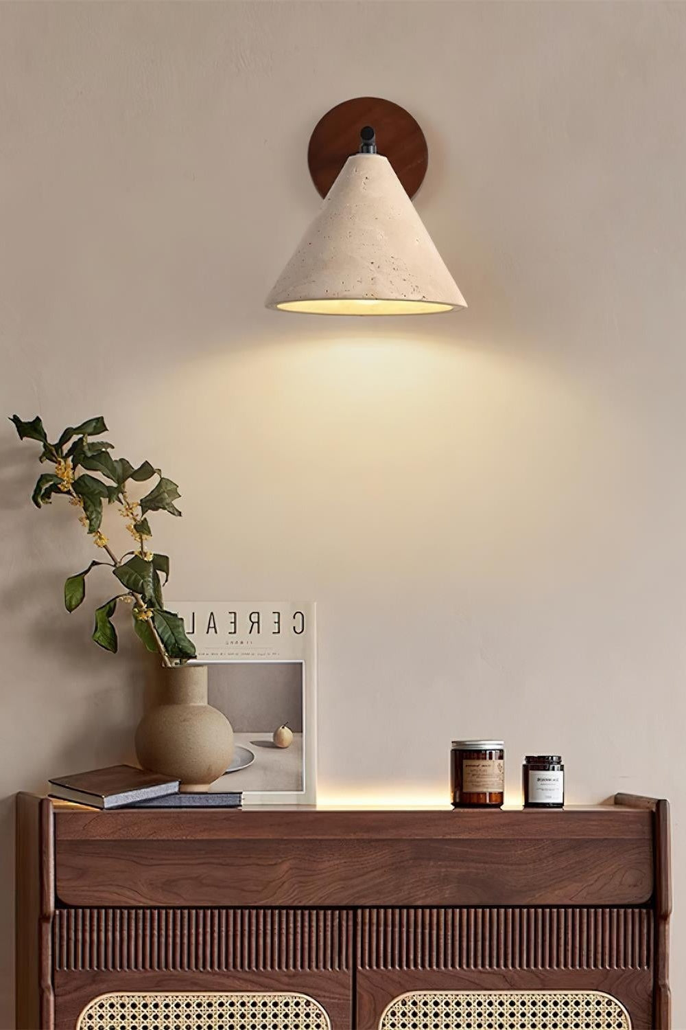 Modern Tapered Travertine Wall Sconce - Minimalist Accent Lighting for Bedroom | Esilora