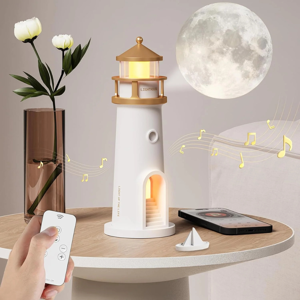 Remote Control LED Night Light — Lighthouse Style Moon Projector Lamp
