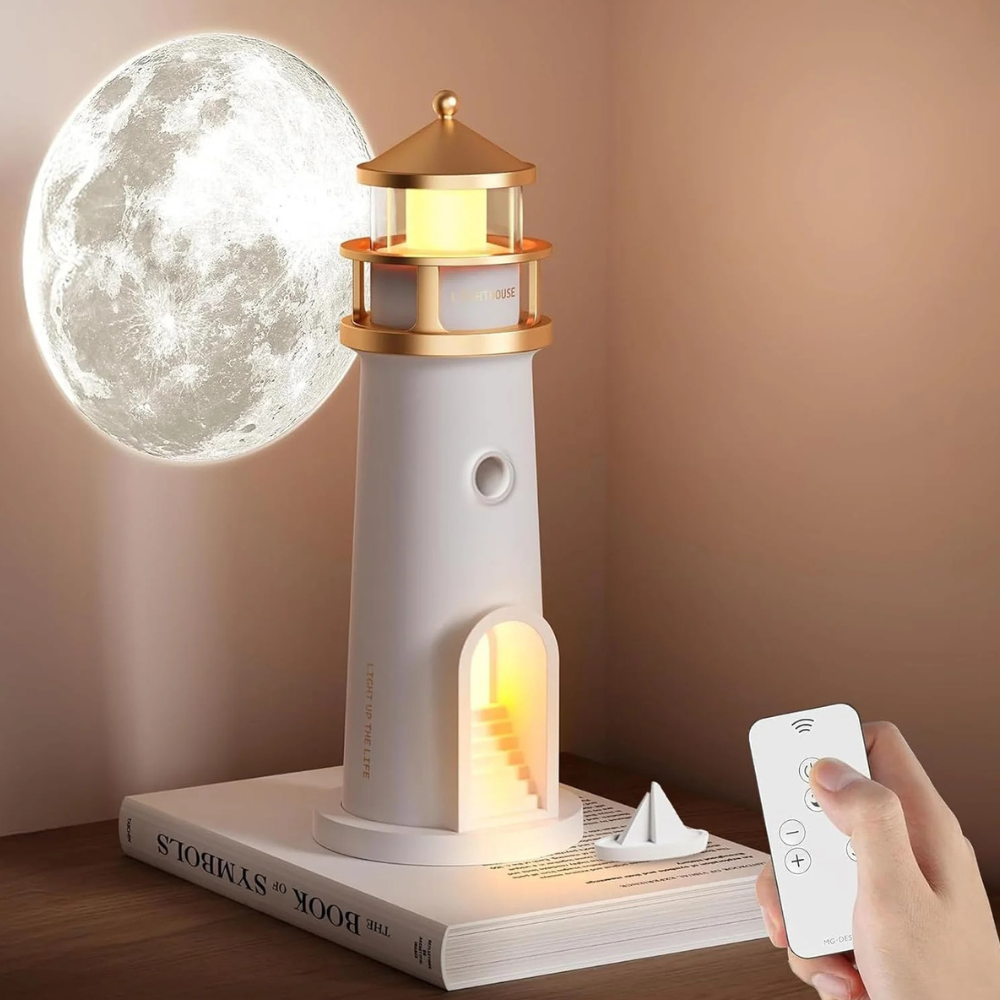 Remote Control LED Night Light — Lighthouse Style Moon Projector Lamp