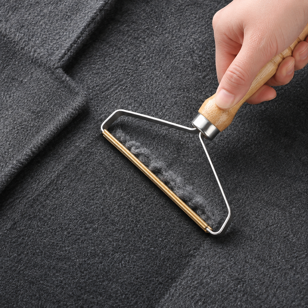 Rodillo quitapelusas reutilizable y ecológico para textiles, con mango de madera
