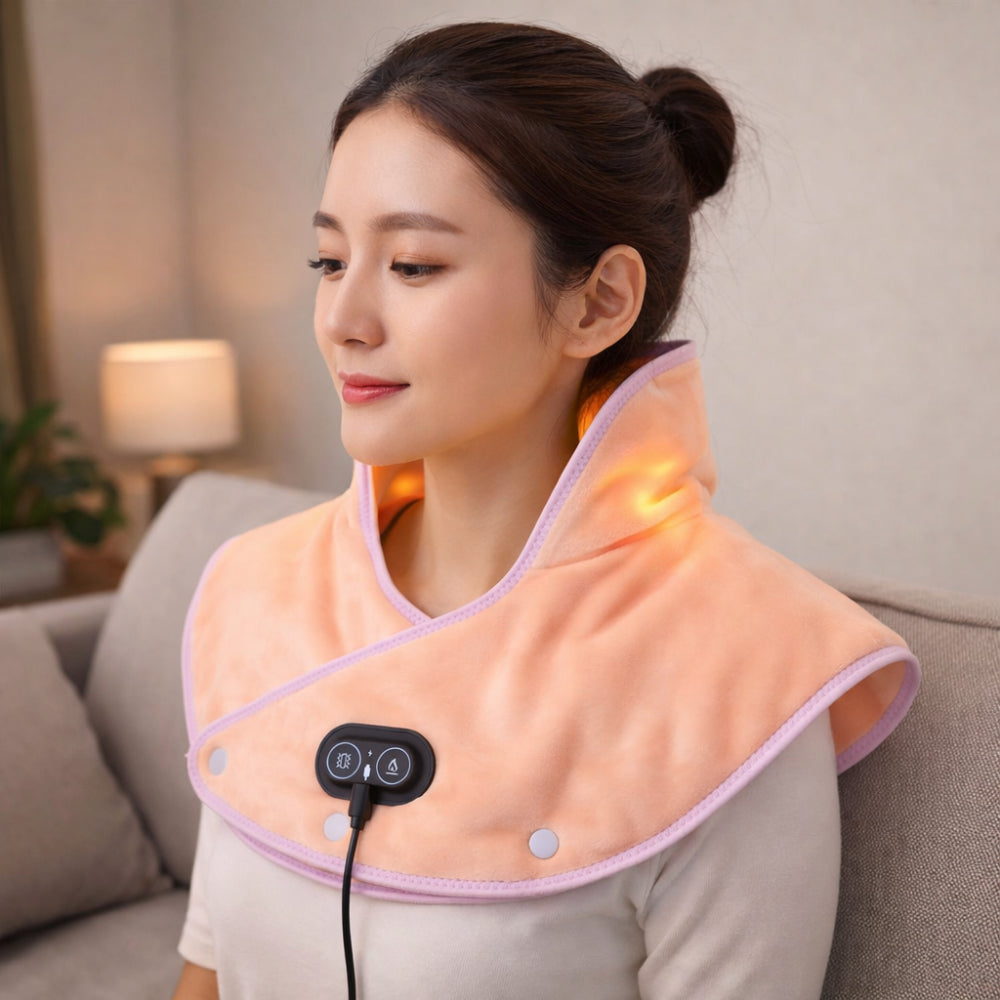 USB Powered Electric Neck and Shoulder Massage Pillow — Contoured Vibration Therapy Adjustable Warmth