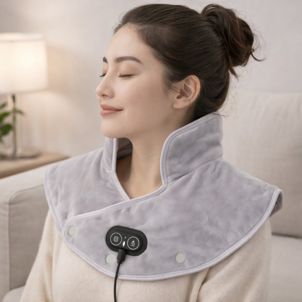 USB Powered Electric Neck and Shoulder Massage Pillow — Contoured Vibration Therapy Adjustable Warmth