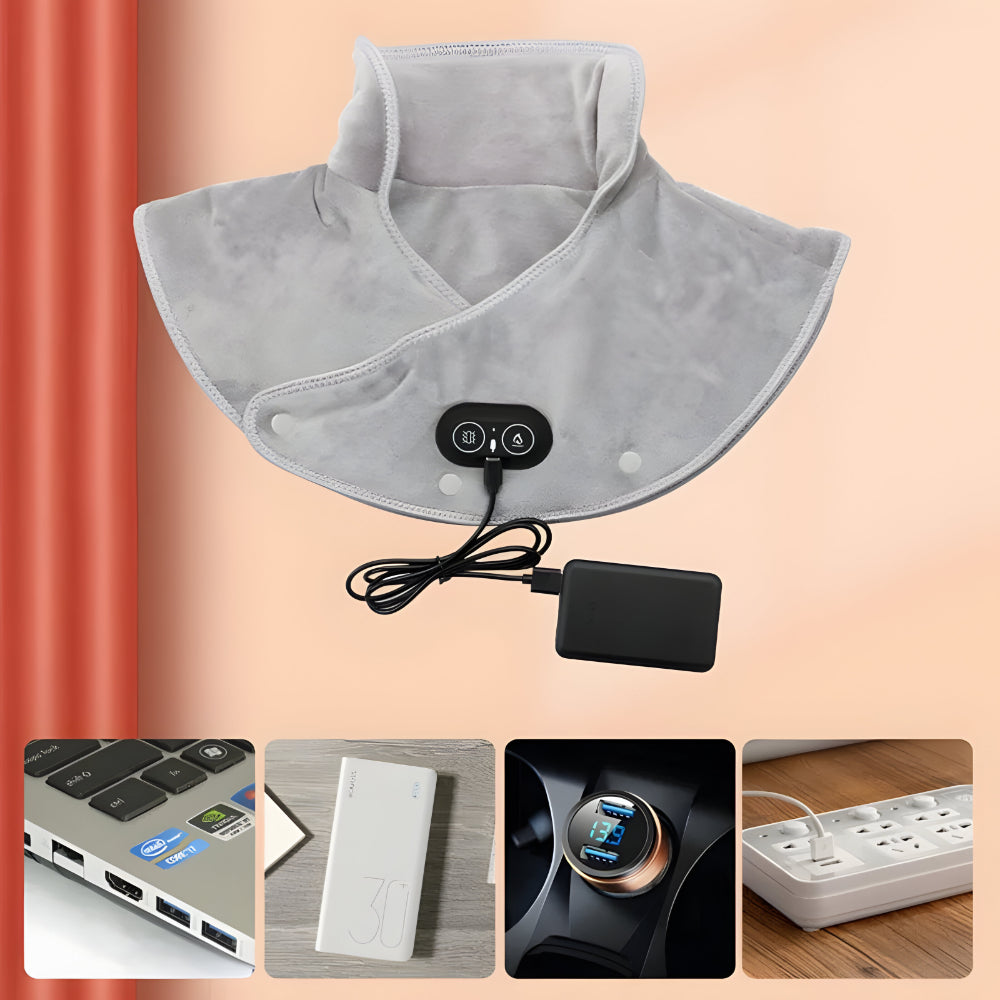 USB Powered Electric Neck and Shoulder Massage Pillow — Contoured Vibration Therapy Adjustable Warmth