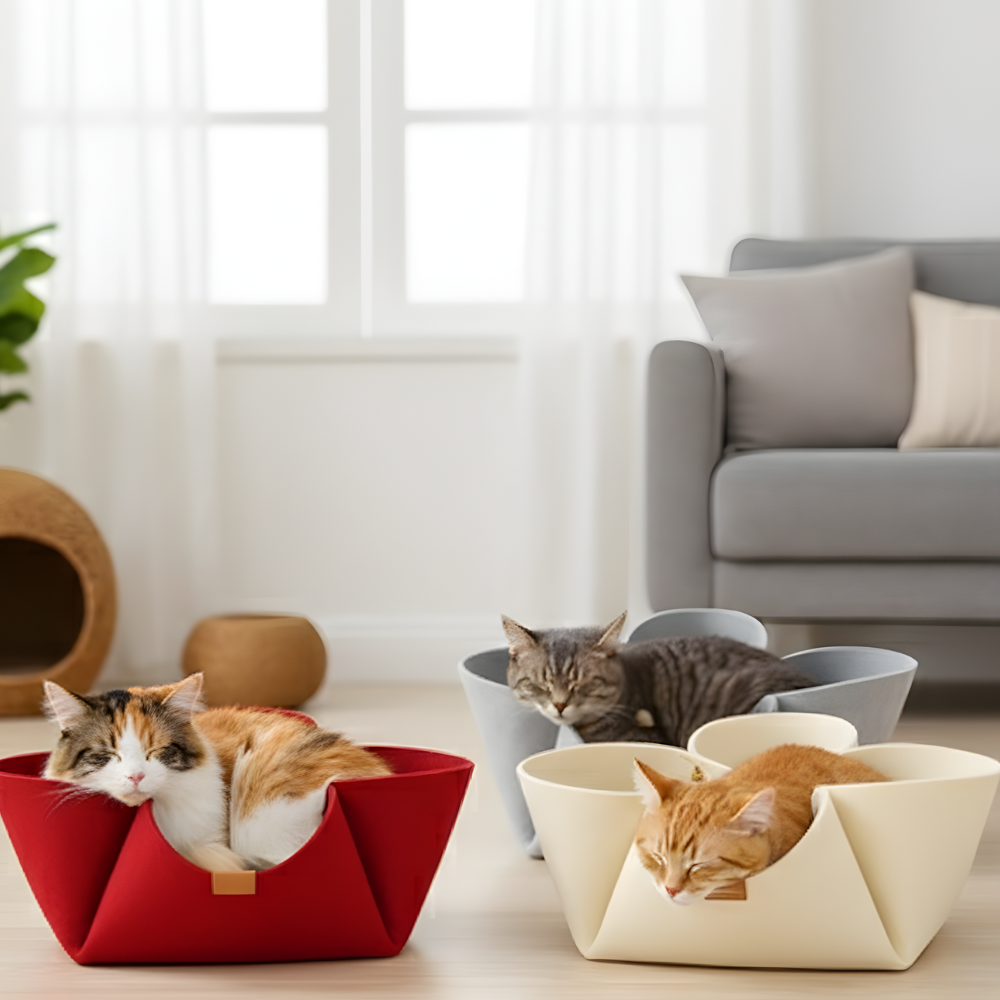 NestlePaws 多ポケットフェルト製猫用隠れ家 - トンネル型リトリート