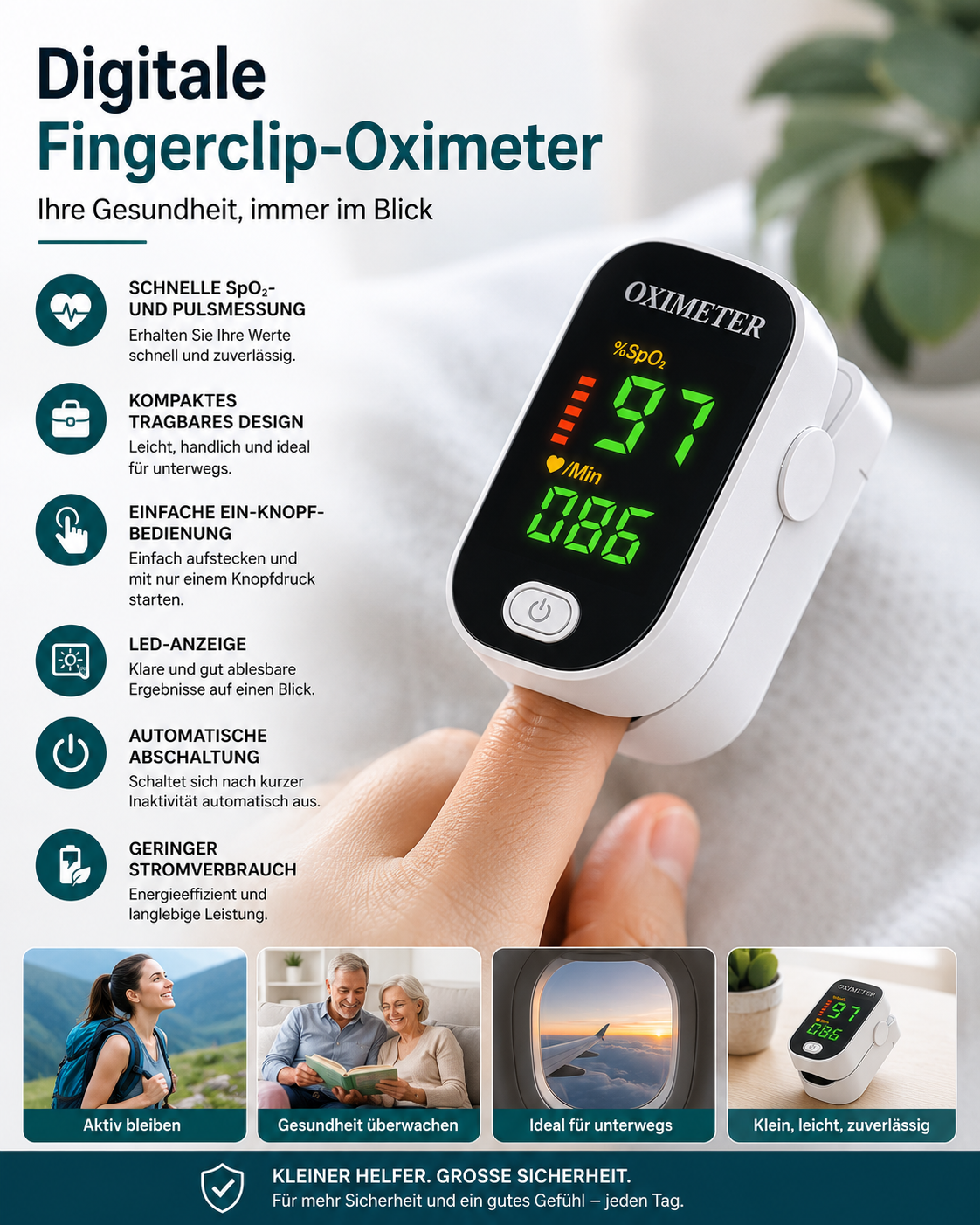 Digitální oxymetr 8 v 1 — neinvazivní monitor saturace krve kyslíkem a tepové frekvence