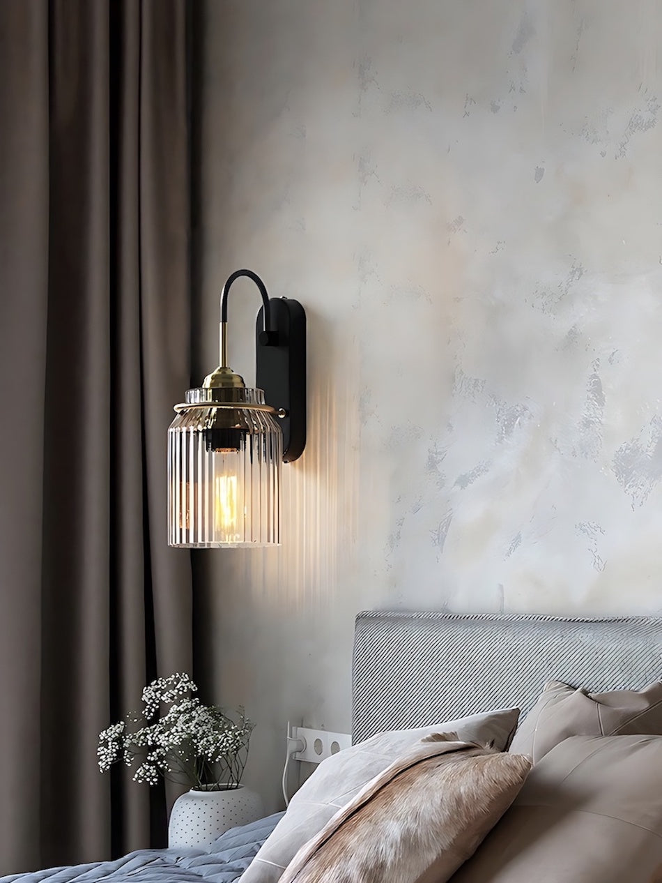 Modern Ribbed Brass and Glass Wall Sconce - Vanity Light for Bathroom Mirrors | Esilora