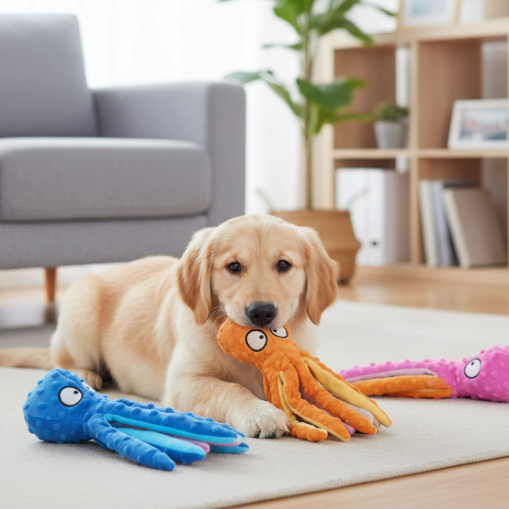 OctoGnaw 詰め物なしタコ型犬用噛む・引っ張り遊び用おもちゃ