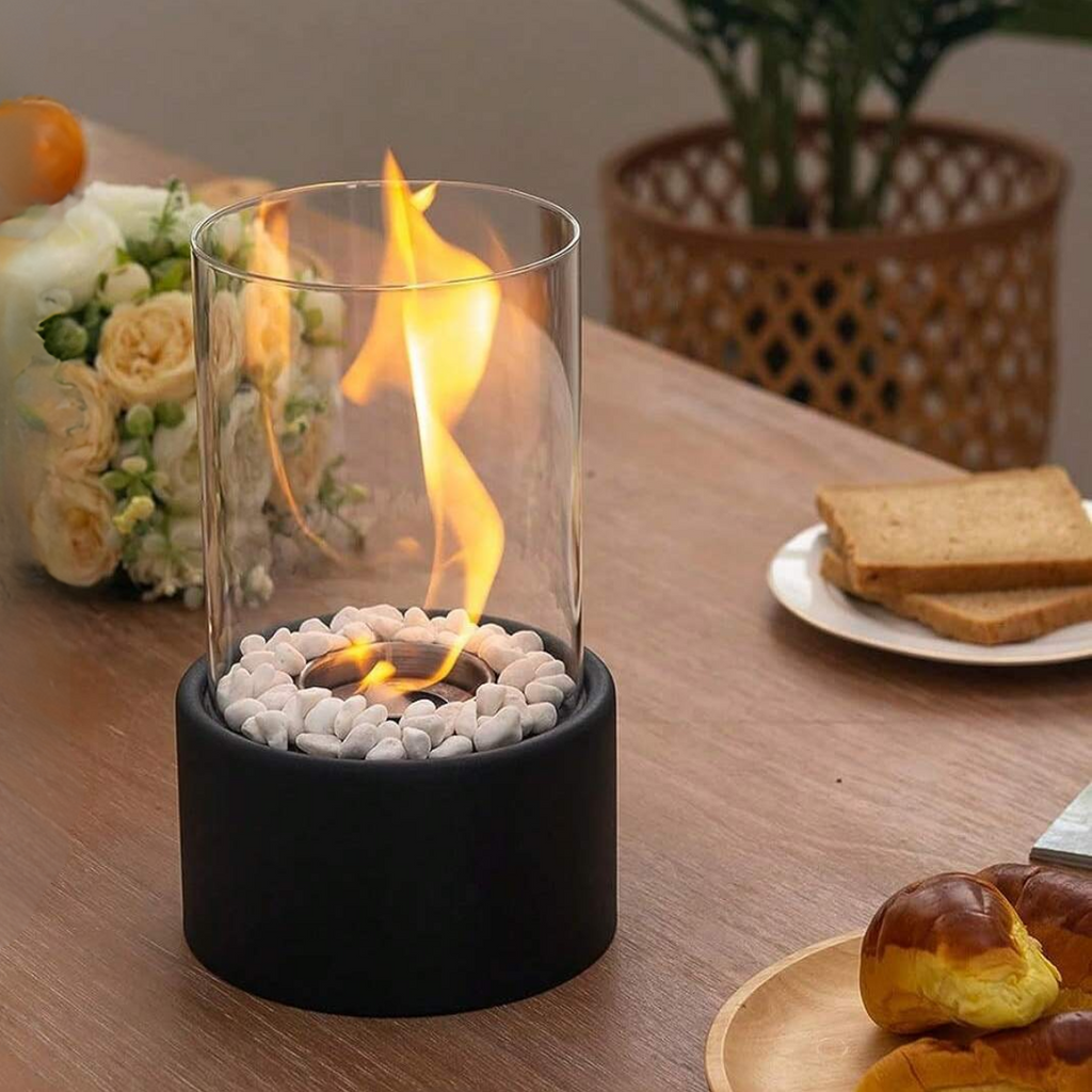 Moderne glazen metalen tafelvuurkorf - decoratieve brander