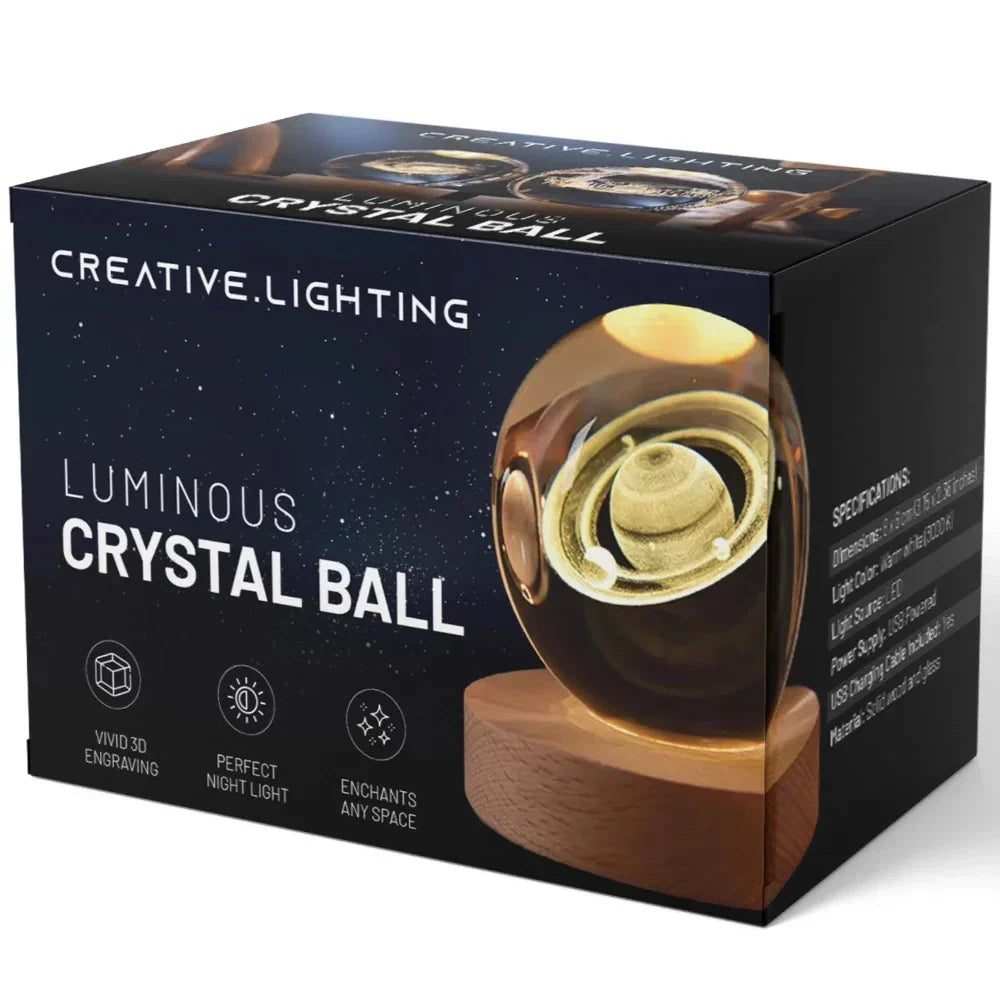 Lampă de veghe LED tip glob de cristal - carcasă din sticlă, bază din lemn