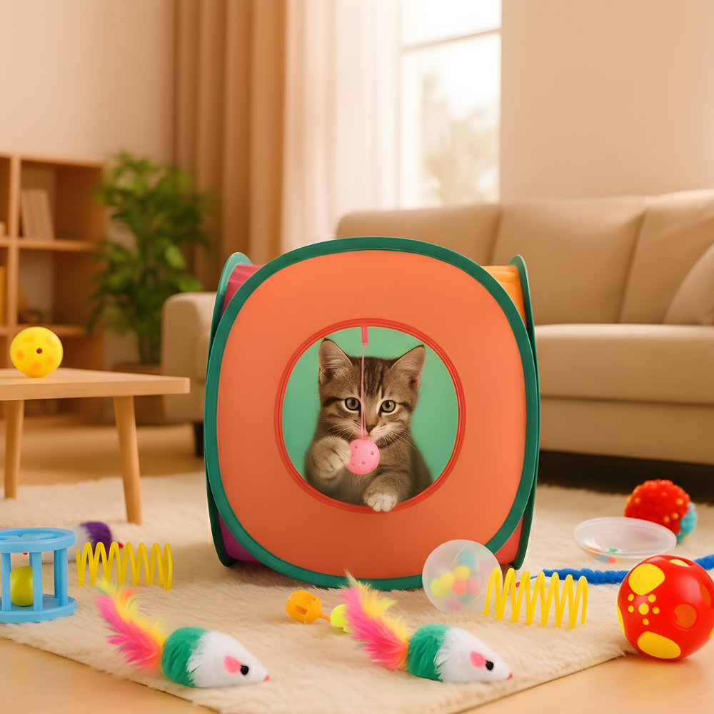 PlayHaven Σετ Παιχνιδιού με Τούνελ για Γάτες — Πτυσσόμενος Κύβος, Διαδραστικά Παιχνίδια