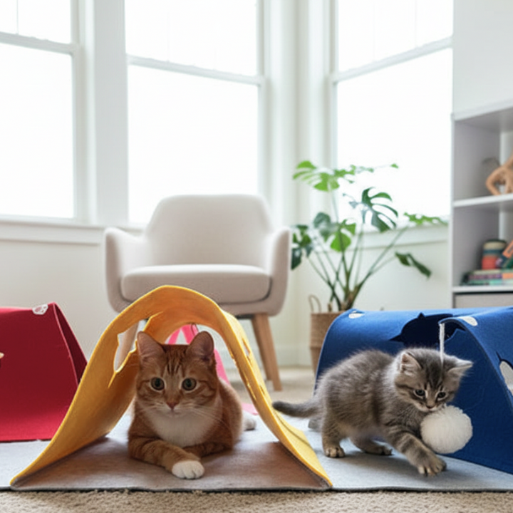 Tapis d’activité pour chat PlayFold — panneaux pliables et ouvertures en tunnel