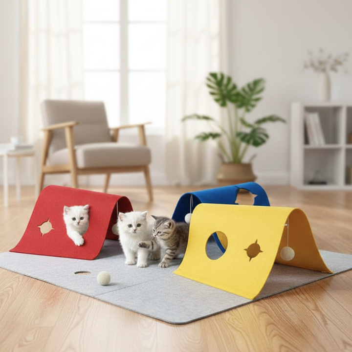 Tapis d’activité pour chat PlayFold — panneaux pliables et ouvertures en tunnel