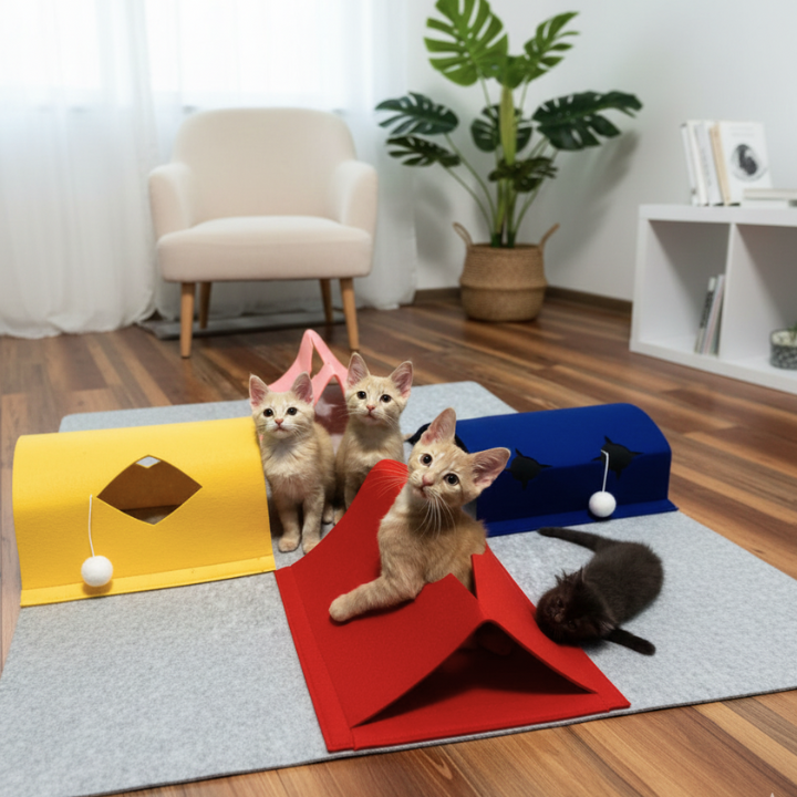 Tapis d’activité pour chat PlayFold — panneaux pliables et ouvertures en tunnel
